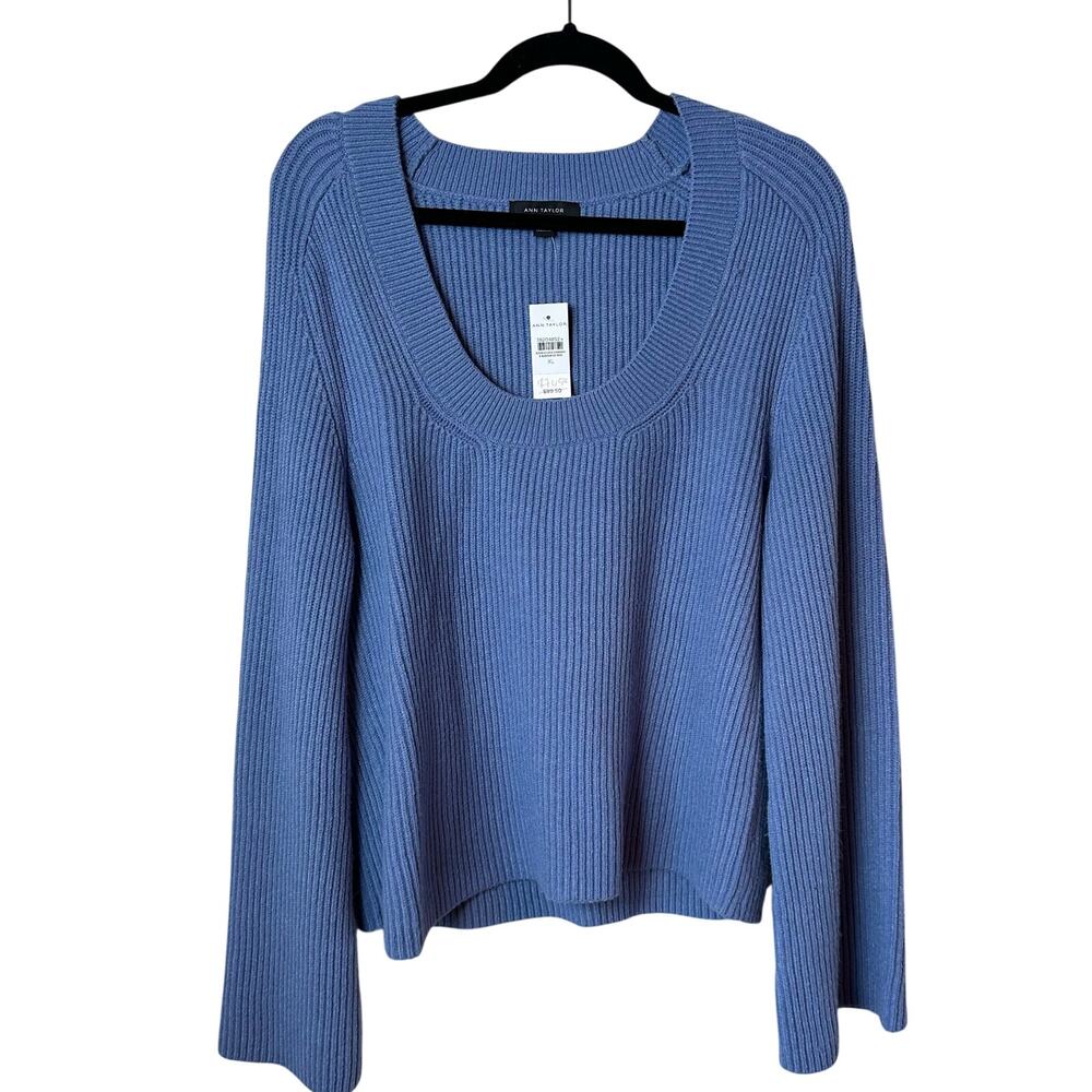 NWT Ann Taylor Ribbed Scoop Neck Sweater XL Blue Fitted Stretch Knit - Picture 2 of 8